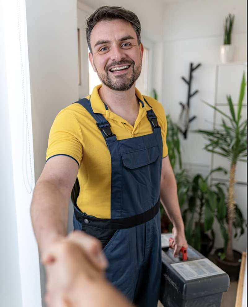 Employé caucasien db assistance installateur dépanneur motorisation ouverture fermeture idf avec client 2