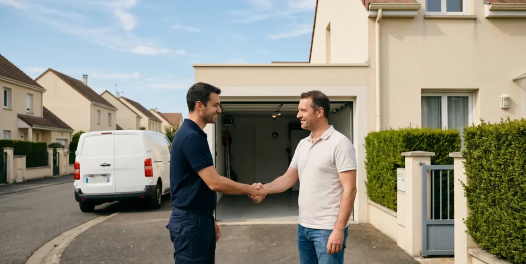 Réparation porte de garage à Trappes, technicien DB Assistance avec client satisfait après intervention