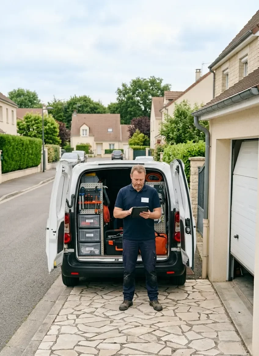 réparation porte de garage à Trappes — technicien DB Assistance avec camion atelier équipé