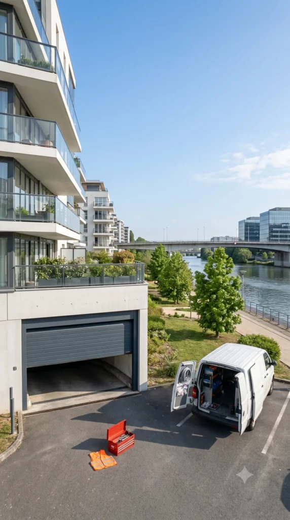 Dépannage porte de garage à Bezons porte sectionnelle bloquée résidence contemporaine Bords de Seine
