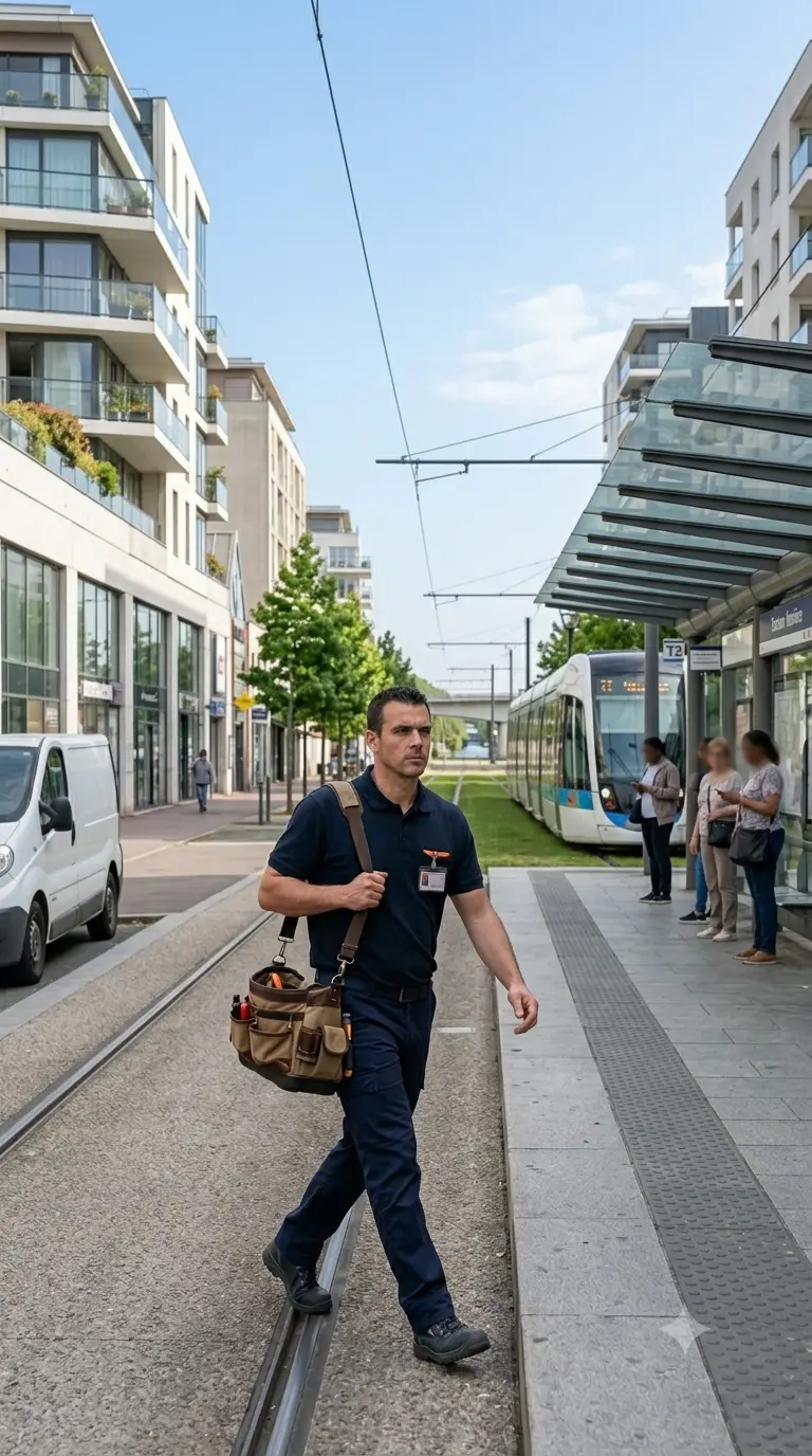 Dépannage porte de garage à Bezons technicien DB Assistance tramway T2 pont de Bezons Seine
