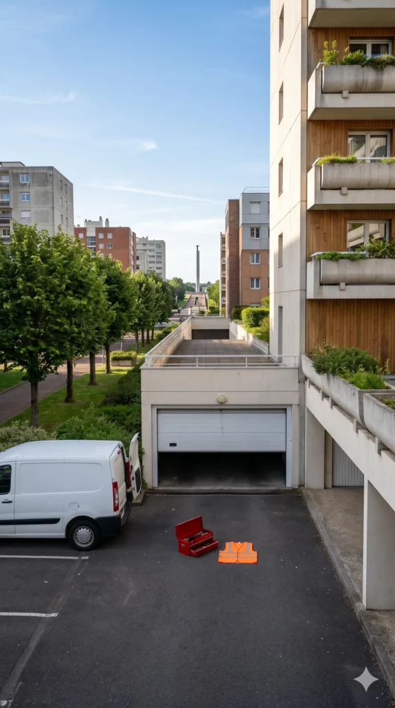 Dépannage porte de garage à Cergy porte sectionnelle bloquée parking résidence Grand Centre Axe Majeur