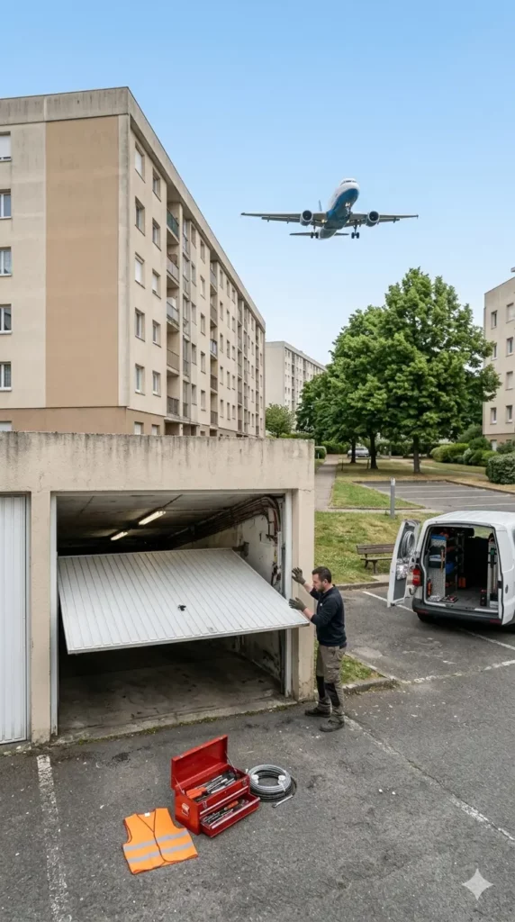 Dépannage porte de garage à Goussainville porte basculante bloquée parking Grandes Bornes aéroport Roissy