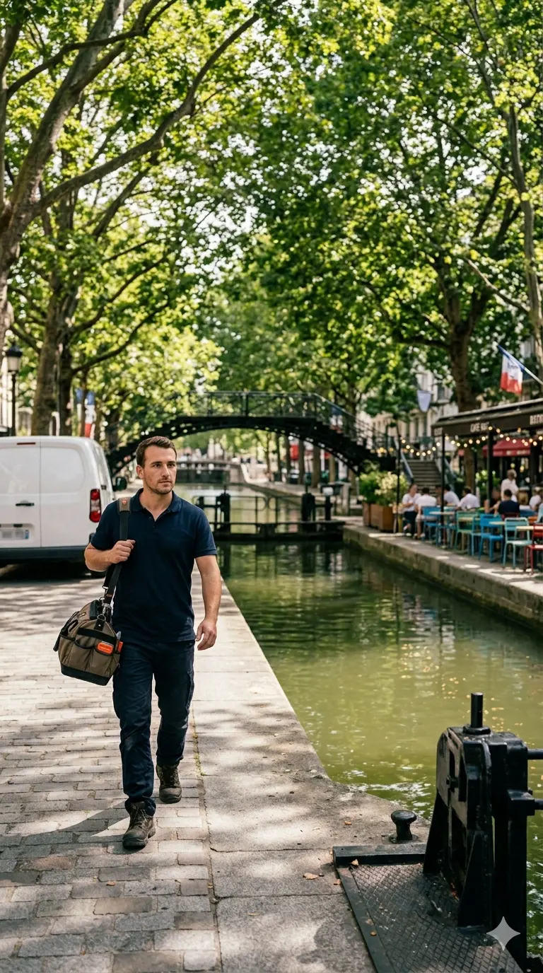 Technicien DB Assistance réparant une porte de garage à Paris 10e