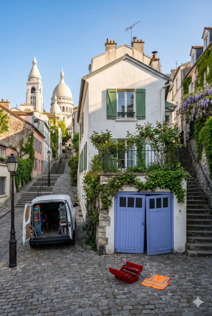 Dépannage porte de garage Paris 18e porte battante bloquée maison de village Montmartre Sacré-Cœur