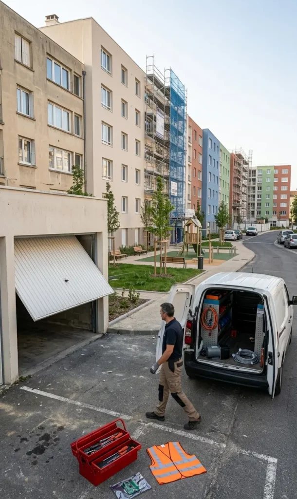 Dépannage porte de garage à Villiers-le-Bel porte basculante bloquée parking Puits-la-Marlière rénovation ANRU