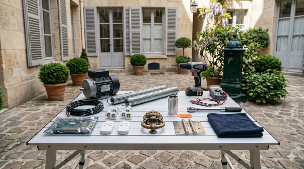Dépannage porte de garage Paris 6e pièces certifiées toutes marques cour intérieure immeuble bourgeois fontaine Wallace
