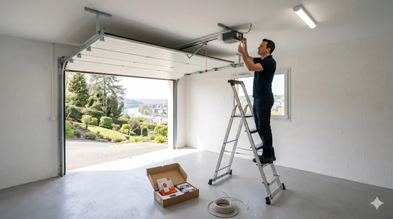 Dépannage porte de garage aux Mureaux installation motorisation garage pavillon vue Seine