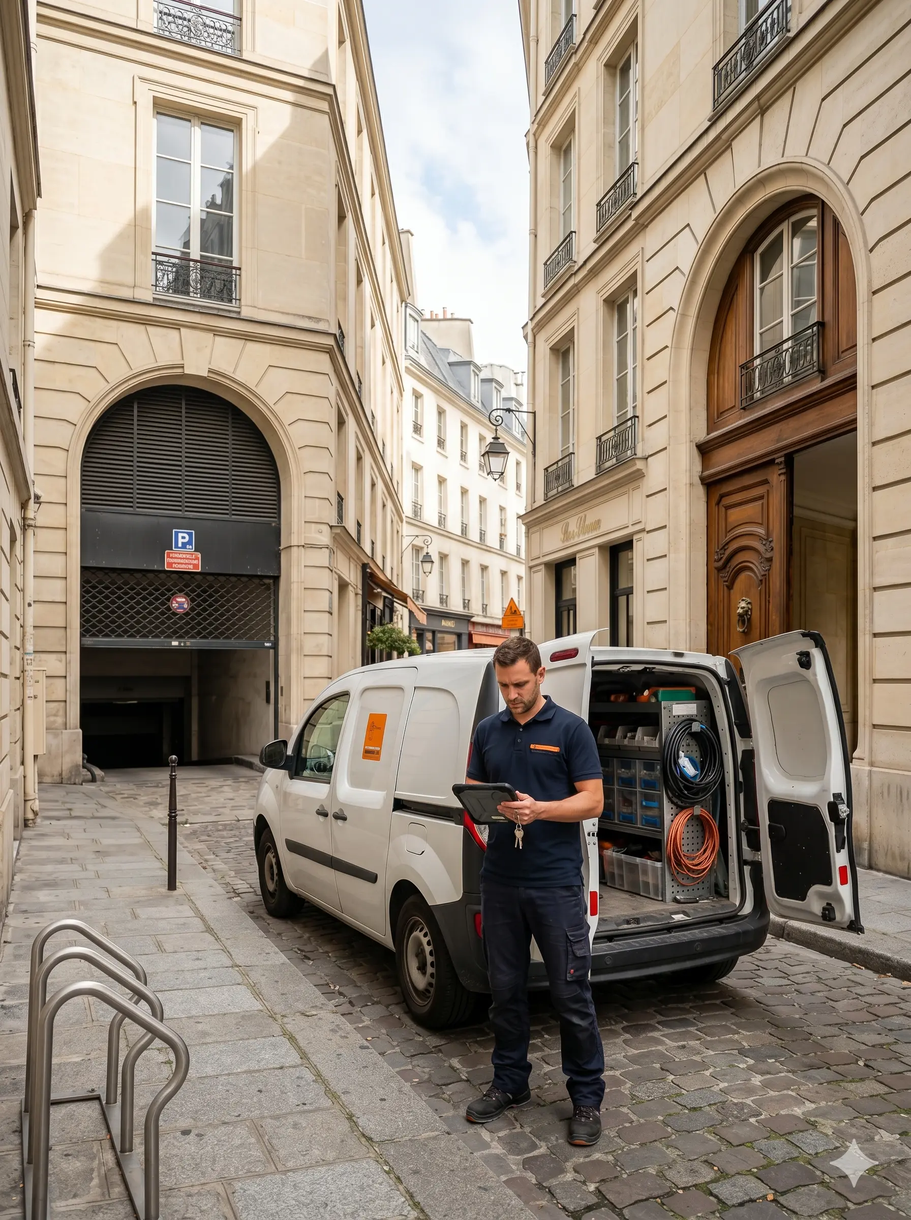 Technicien DB Assistance réparant une porte de garage à Paris 1er