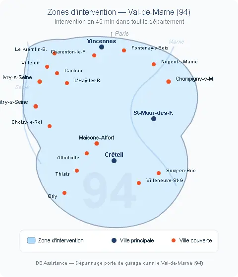Carte zone d'intervention DB Assistance dans le Val-de-Marne (94) — 20 villes couvertes : Créteil, Vincennes, Saint-Maur-des-Fossés, Vitry-sur-Seine, Champigny-sur-Marne, Ivry-sur-Seine, Maisons-Alfort, Fontenay-sous-Bois, Villejuif, Alfortville, Choisy-le-Roi, Le Kremlin-Bicêtre, Nogent-sur-Marne, Thiais, Villeneuve-Saint-Georges, L'Haÿ-les-Roses, Cachan, Charenton-le-Pont, Sucy-en-Brie, Orly