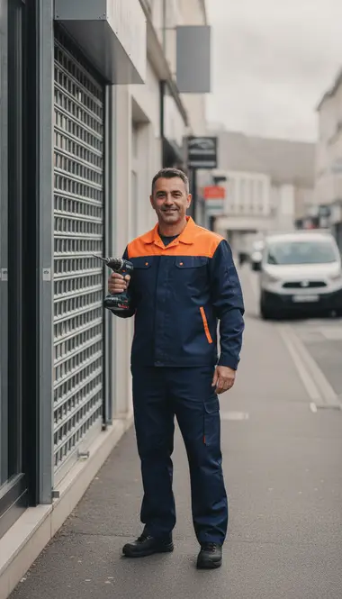 Technicien DB Assistance réparant un rideau métallique à Antony