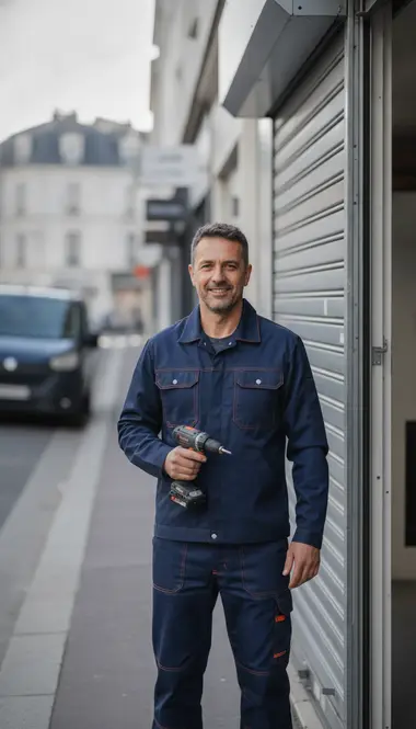Technicien DB Assistance réparant un rideau métallique à Asnières-sur-Seine