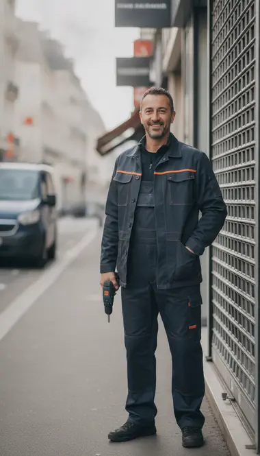 Technicien DB Assistance réparant un rideau métallique à Boulogne-Billancourt