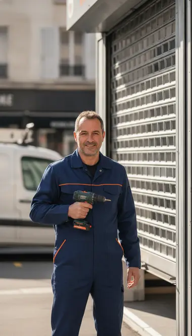 Technicien DB Assistance réparant un rideau métallique à Bourg-la-Reine