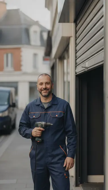 Technicien DB Assistance réparant un rideau métallique à Clamart
