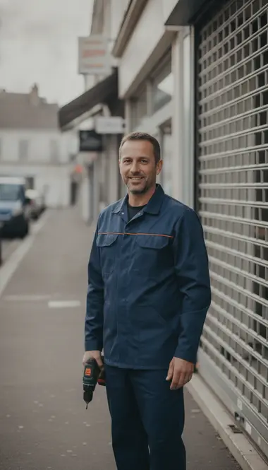 Technicien DB Assistance réparant un rideau métallique à Colombes