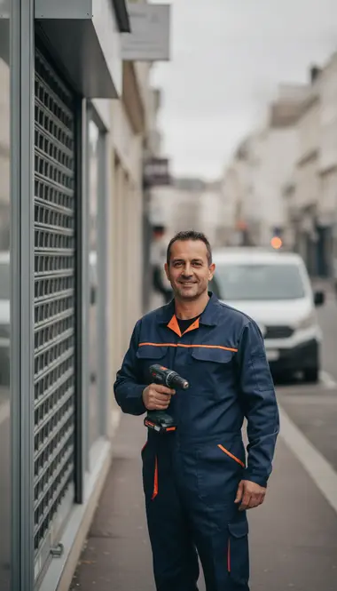 Technicien DB Assistance réparant un rideau métallique à Courbevoie