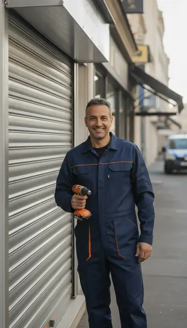 Technicien DB Assistance réparant un rideau métallique à Issy-les-Moulineaux