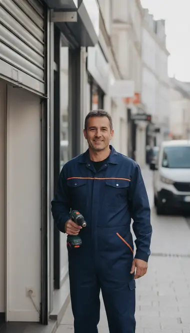 Technicien DB Assistance réparant un rideau métallique au Chesnay