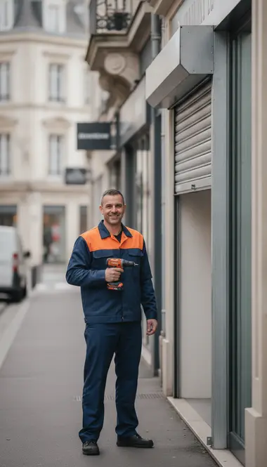 Technicien DB Assistance réparant un rideau métallique à Louveciennes