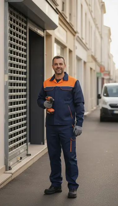 Technicien DB Assistance réparant un rideau métallique à Malakoff