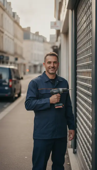 Technicien DB Assistance réparant un rideau métallique à Marly-le-Roi