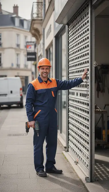 Technicien DB Assistance réparant un rideau métallique à Maurepas