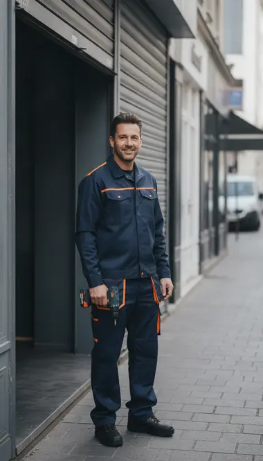 Technicien DB Assistance réparant un rideau métallique à Nanterre