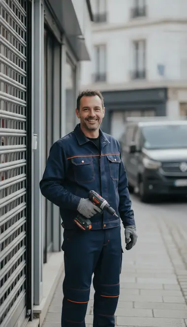 Technicien DB Assistance réparant un rideau métallique à Neuilly-sur-Seine