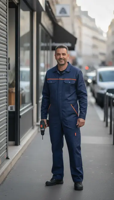 Technicien DB Assistance réparant un rideau métallique à Paris 10e