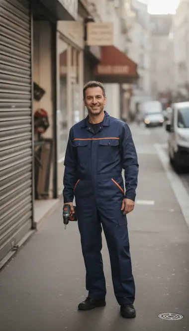 Technicien DB Assistance réparant un rideau métallique à Paris 11e