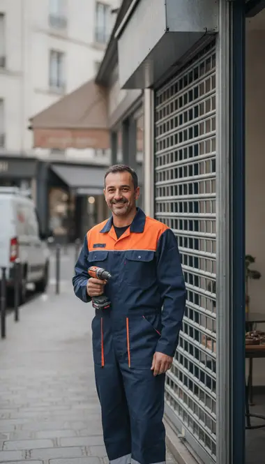 Technicien DB Assistance réparant un rideau métallique à Paris 12e