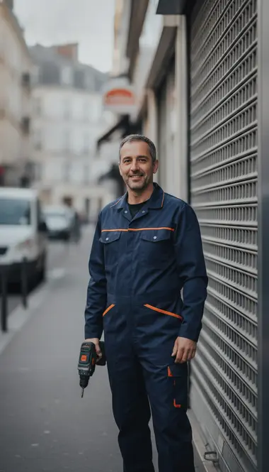 Technicien DB Assistance réparant un rideau métallique à Paris 13e