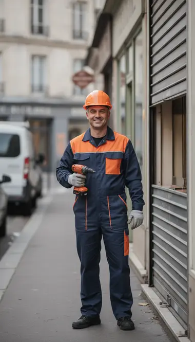 Technicien DB Assistance réparant un rideau métallique à Paris 14e