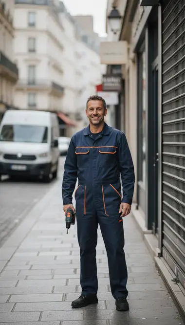 Technicien DB Assistance réparant un rideau métallique à Paris 15e