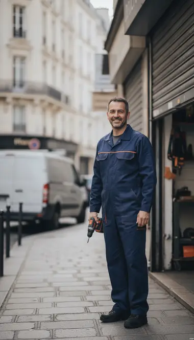 Technicien DB Assistance réparant un rideau métallique à Paris 16e