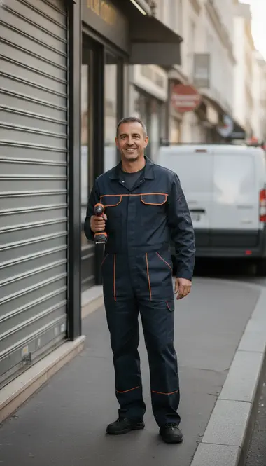 Technicien DB Assistance réparant un rideau métallique à Paris 17e