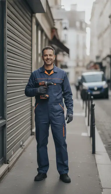 Technicien DB Assistance réparant un rideau métallique à Paris 18e