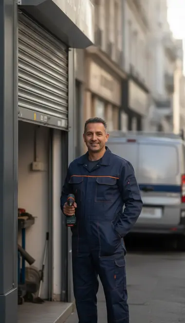 Technicien DB Assistance réparant un rideau métallique à Paris 19e