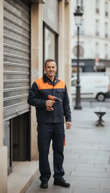 Technicien DB Assistance réparant un rideau métallique à Paris 1er