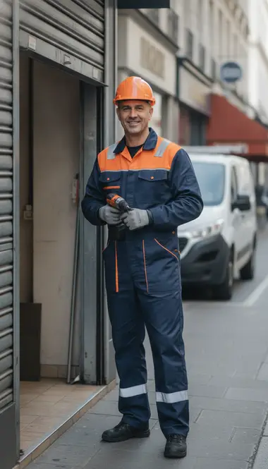 Technicien DB Assistance réparant un rideau métallique à Paris 20e