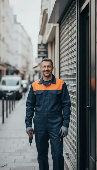 Technicien DB Assistance réparant un rideau métallique à Paris 2e