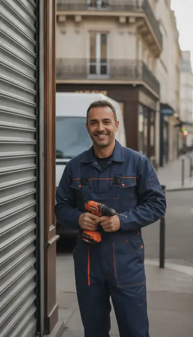 Technicien DB Assistance réparant un rideau métallique à Paris 3e