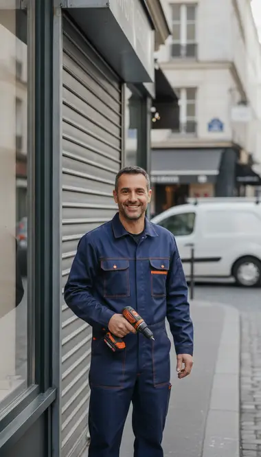 Technicien DB Assistance réparant un rideau métallique à Paris 4e