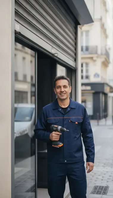 Technicien DB Assistance réparant un rideau métallique à Paris 5e