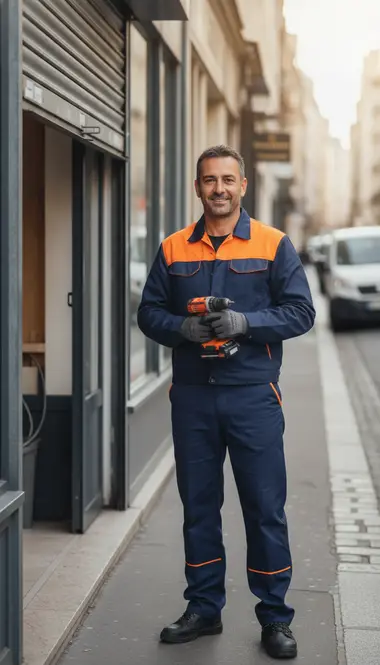 Technicien DB Assistance réparant un rideau métallique à Paris 6e