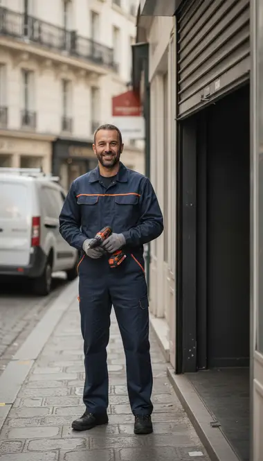 Technicien DB Assistance réparant un rideau métallique à Paris 7e