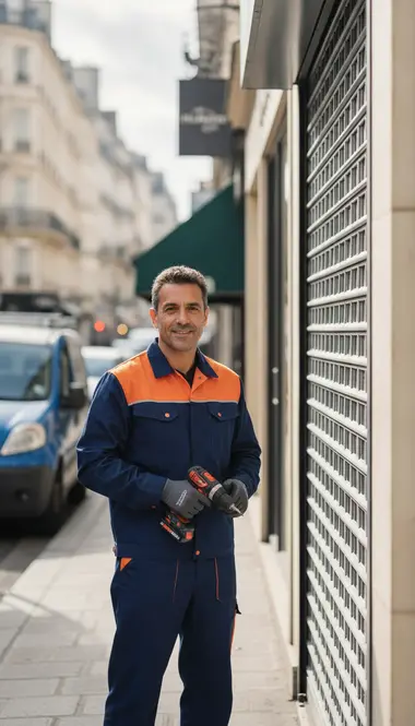 Technicien DB Assistance réparant un rideau métallique à Paris 8e