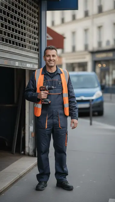 Technicien DB Assistance réparant un rideau métallique à Paris 9e