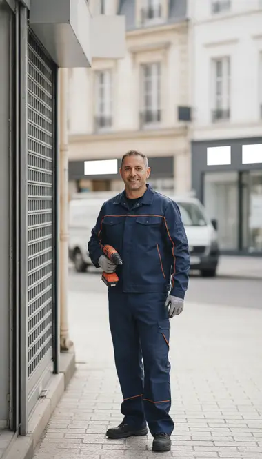 Technicien DB Assistance réparant un rideau métallique à Poissy